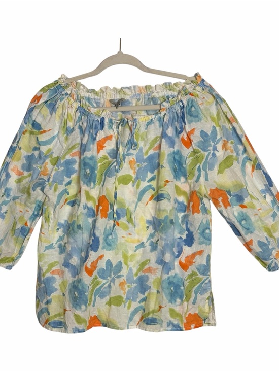 Hester & Orchard Tops - Hester Orchard Linen Blend Floral Peasant Blouse Beachy Top Off Shoulder Size M